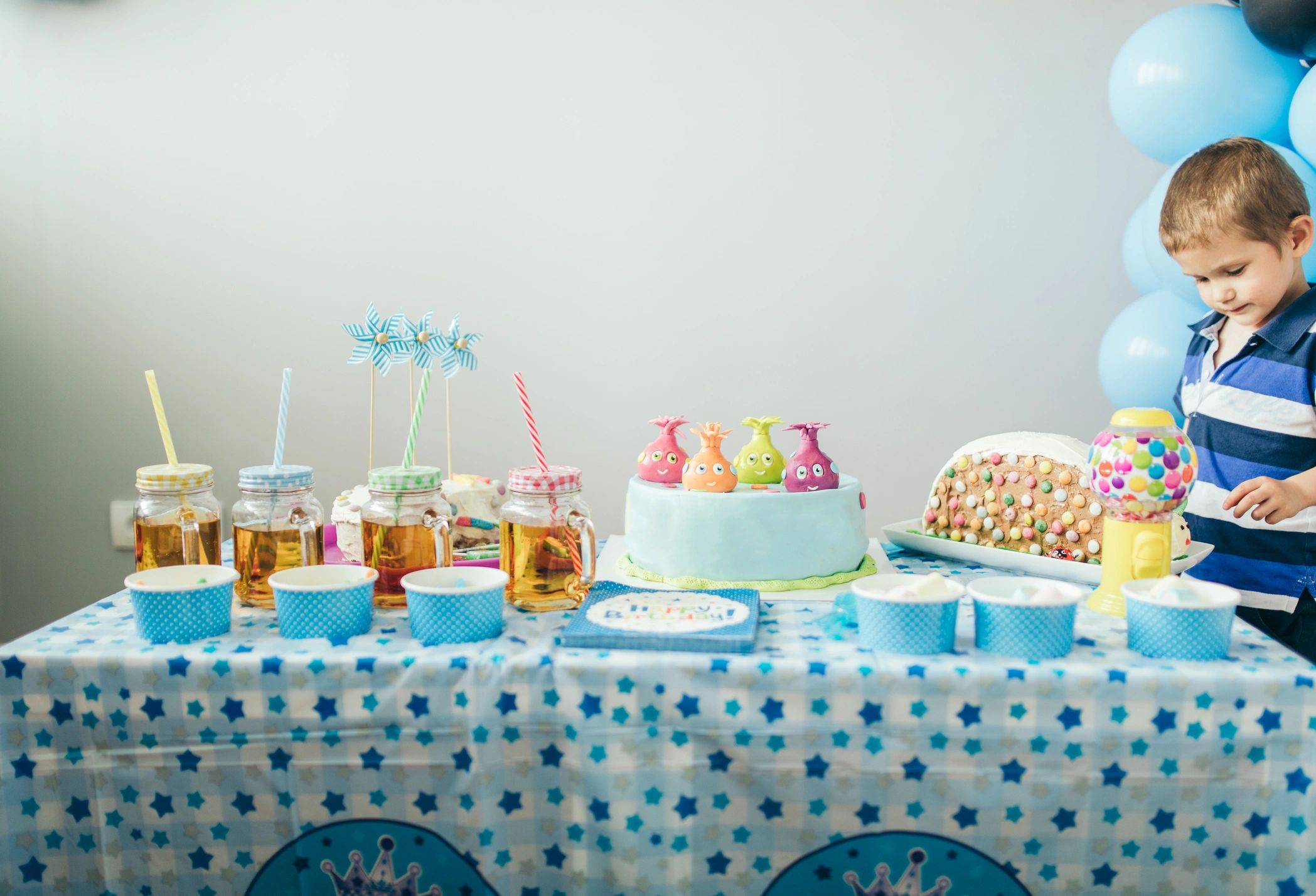 Birthday party food table ready for celebration